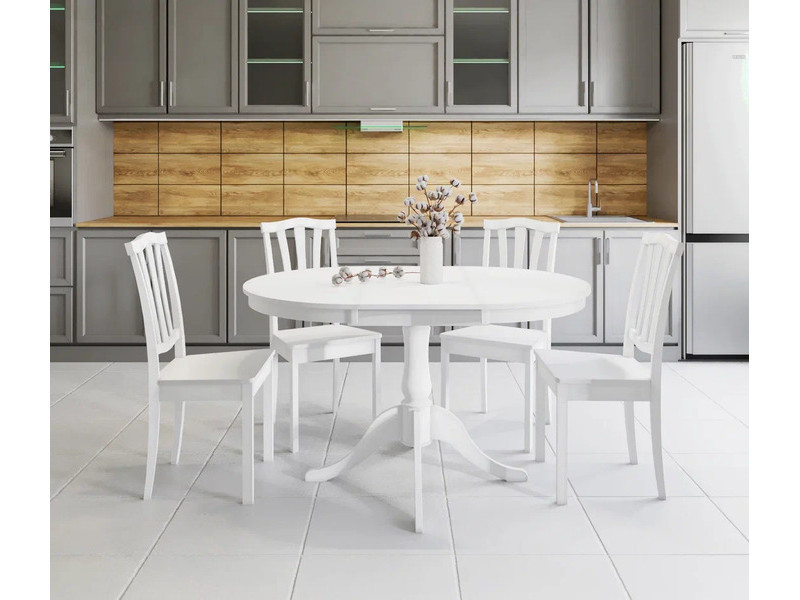 Белый глянцевый стол в интерьере кухни